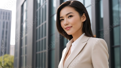 A woman in a beige blazer stands in front of a modern building, gazing off to the side with a slight smile. Free Download A woman in a beige blazer stands in front of a modern building, gazing off to the side with a slight smile. - GFXLoad