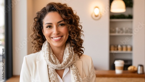 A woman with curly brown hair and a beige scarf smiles warmly at the camera, wearing a white blazer and standing in a well-lit room with a coffee cup and sugar bowl on a table.