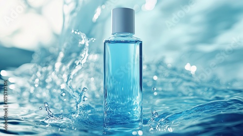 Unbranded skin care and cosmetics products on blue background water. Empty bottle mockup. 