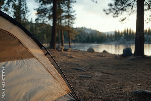 Wilderness retreat: camping, hustle of daily life to find solace in the natural world, setting up tents, cooking over open flames, and creating memories surrounded by beauty and peace of nature photo