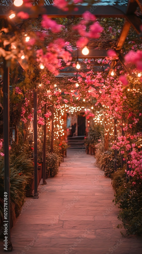 Fototapeta premium A romantic garden pathway adorned with pink flowers and fairy lights.