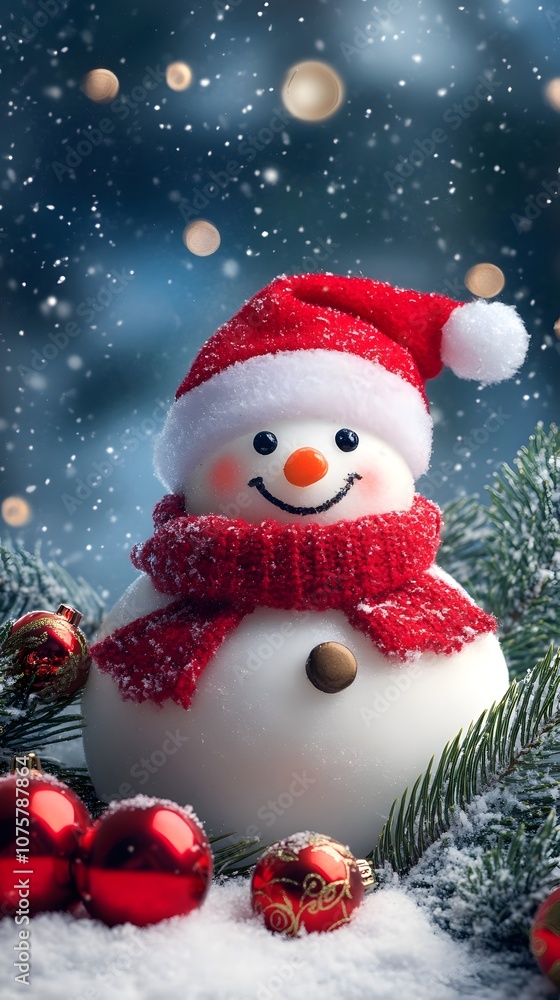 Cheerful snowman with a red scarf and hat, surrounded by festive decorations. Cheerful snowman with a red scarf and hat, surrounded by festive decorations.
