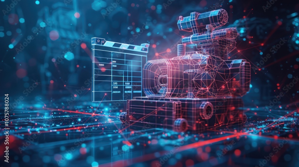 A digital representation of a movie camera and clapboard surrounded by glowing lines and dots. A digital representation of a movie camera and clapboard surrounded by glowing lines and dots.
