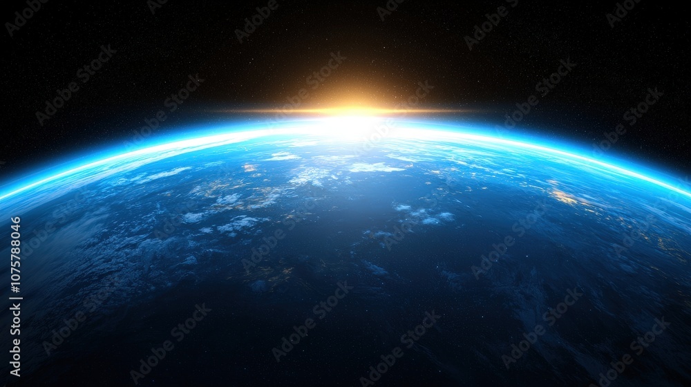 Obraz premium Earth From Space Sunrise Blue Planet Horizon Clouds Atmosphere 3D Render