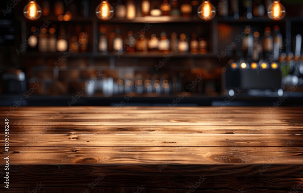 Empty Rustic Wooden Table Top with Blurred Bar Background for Product Display Empty Rustic Wooden Table Top with Blurred Bar Background for Product Display