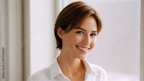 A woman with short brown hair smiles warmly at the camera, wearing a white collared shirt and standing near a window. Free Download A woman with short brown hair smiles warmly at the camera, wearing a white collared shirt and standing near a window. - GFXLoad
