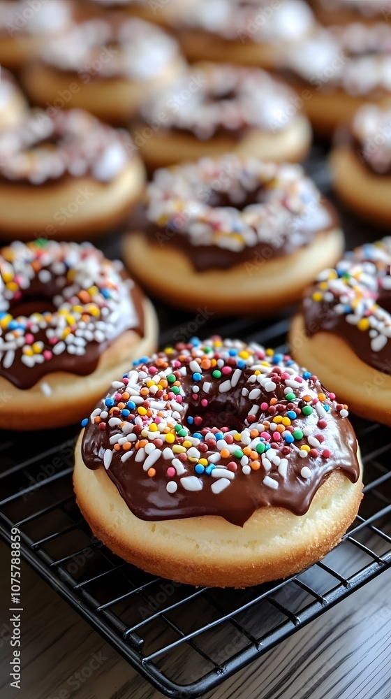 Close-up of delicious glazed donuts topped with colorful sprinkles. Close-up of delicious glazed donuts topped with colorful sprinkles.
