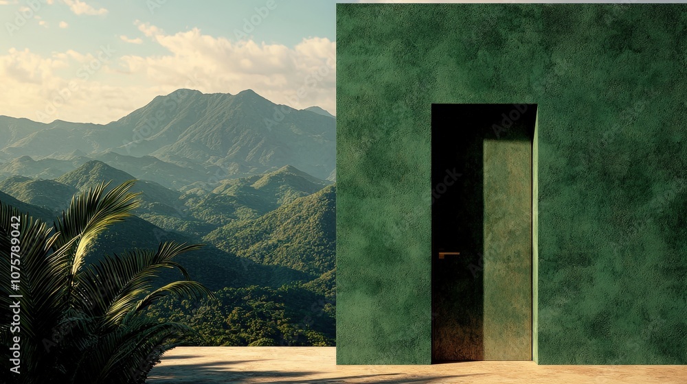Fototapeta premium Green Wall Minimalist Architecture with Mountain View and Palm Tree