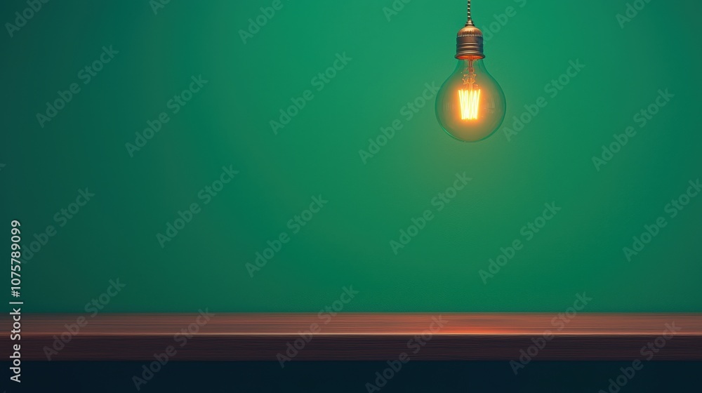 Green Wall with Wooden Table and Hanging Lightbulb Green Wall with Wooden Table and Hanging Lightbulb