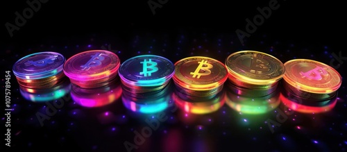 Six glowing bitcoin coins illuminated on a black background.