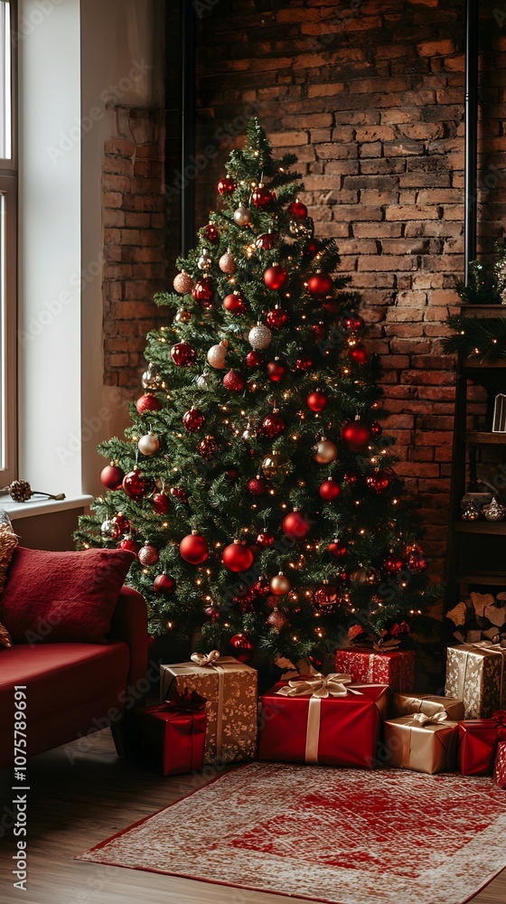 Festive living room with a decorated Christmas tree and presents in cozy red and gold colors. Festive living room with a decorated Christmas tree and presents in cozy red and gold colors.
