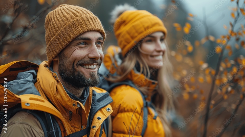 Young couple enjoying autumn hike in forest Young couple enjoying autumn hike in forest