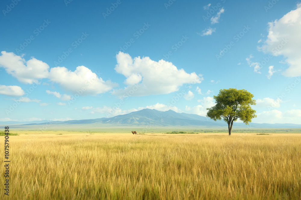 A vast savannah landscape with acacia trees and an African lion hunting in the distance. African safari concept photography A vast savannah landscape with acacia trees and an African lion hunting in the distance. African safari concept photography