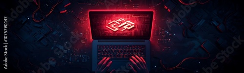 A sleek laptop displays a glowing digital symbol, surrounded by intricate red circuitry, evoking themes of technology and cybersecurity. photo