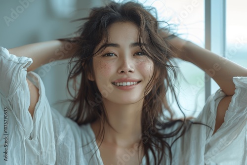 Free Download Smiling Japanese Woman Stretching in White Shirt - GFXLoad