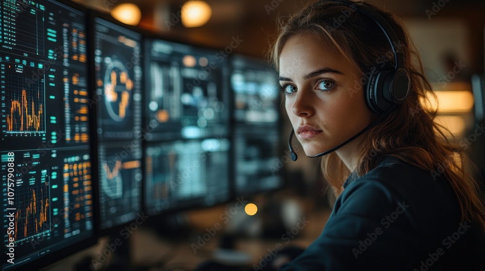 Woman Working on Multiple Screens Woman Working on Multiple Screens