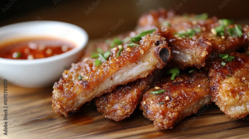 Crispy Fried Chicken Wings Served with Sweet Chili Sauce and Garnished with Fresh Chopped Green Onions on a Wooden Platter Crispy Fried Chicken Wings Served with Sweet Chili Sauce and Garnished with Fresh Chopped Green Onions on a Wooden Platter