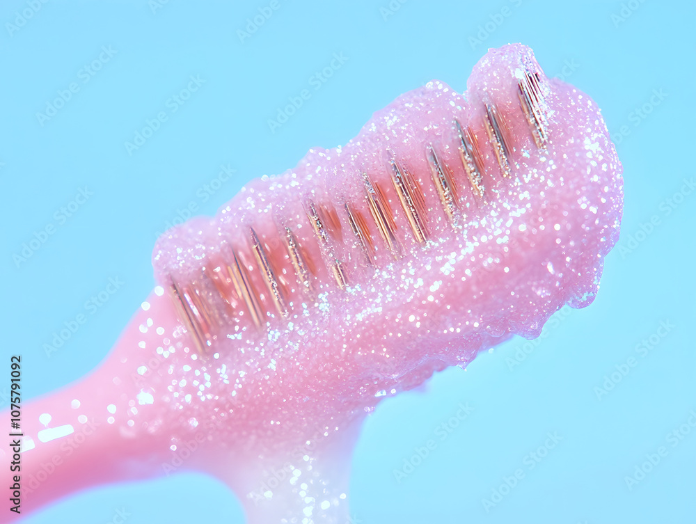 Fototapeta premium A close-up of a pink toothbrush covered in sparkling, foamy toothpaste against a blue background.