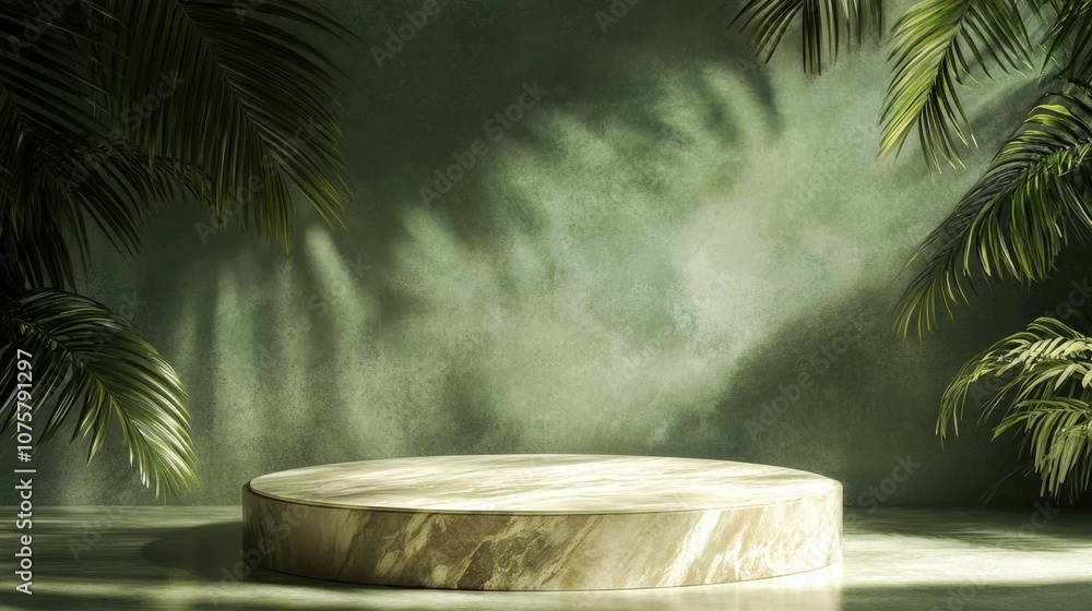 Marble platform surrounded by lush green foliage in soft, ambient lighting. Marble platform surrounded by lush green foliage in soft, ambient lighting.