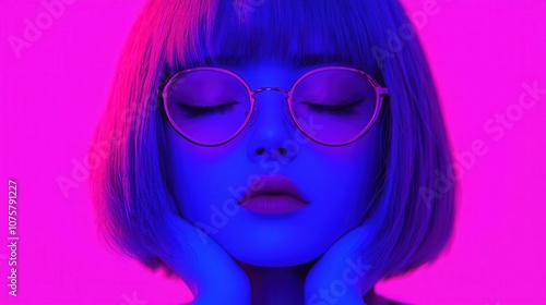 Woman in Neon Lights with Glasses and Short Hair Pink and Blue Fashion Portrait