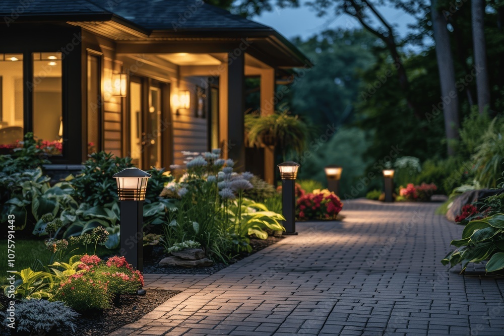 Evening Outdoor House with Illuminated Garden Pathway and Security Lighting Evening Outdoor House with Illuminated Garden Pathway and Security Lighting