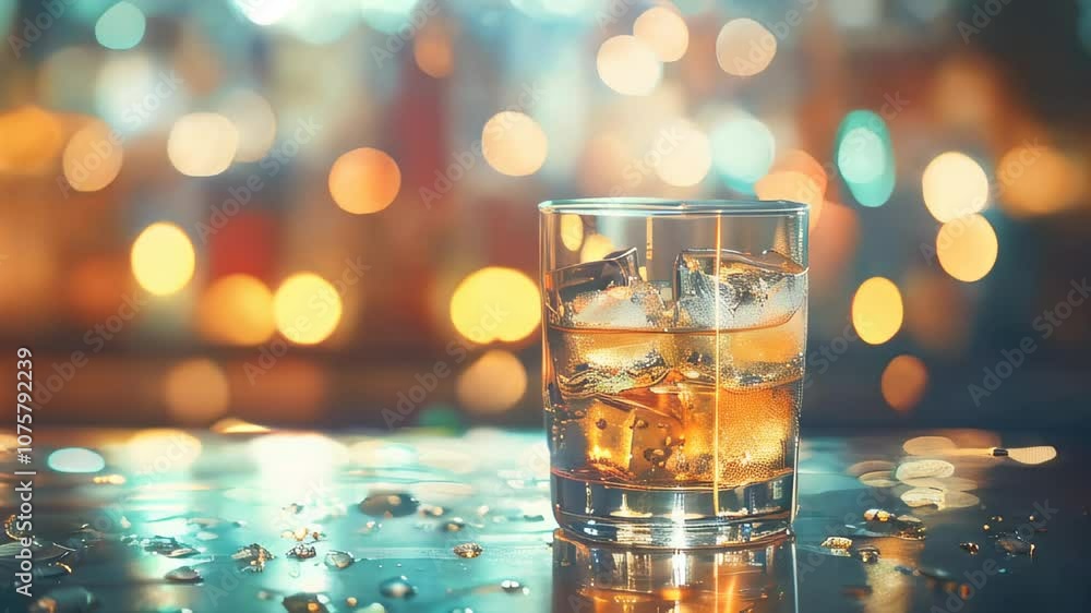 Close-up of a glass of whiskey with ice cubes, placed on a reflective surface with warm bokeh lights in the background. Close-up of a glass of whiskey with ice cubes, placed on a reflective surface with warm bokeh lights in the background.