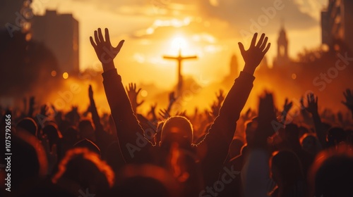 Worshipers Raising Hands at Sunrise in Front of Church and Cross