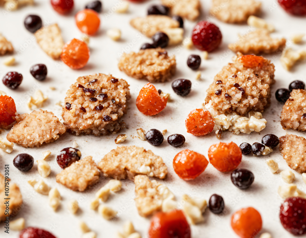 Scattered granola clusters with dried fruits and nuts on a white background Scattered granola clusters with dried fruits and nuts on a white background