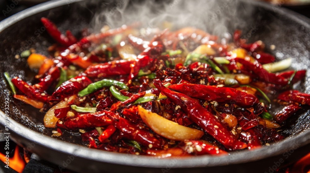Vibrant Stir-Fry with Varieties of Chili Peppers and Aromatic Vegetables in a Sizzling Pan, Creating an Inviting Culinary Scene Vibrant Stir-Fry with Varieties of Chili Peppers and Aromatic Vegetables in a Sizzling Pan, Creating an Inviting Culinary Scene