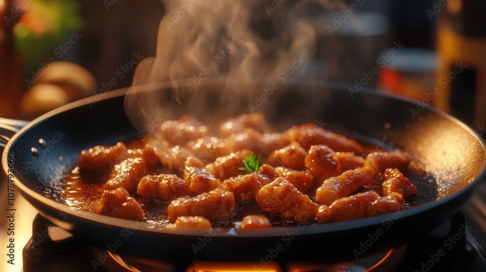 Deliciously Glazed Chicken Pieces Sizzling in a Pan with Steam Rising in a Cozy Kitchen Setting Highlighting Cooking Process and Comfort Food Appeal Deliciously Glazed Chicken Pieces Sizzling in a Pan with Steam Rising in a Cozy Kitchen Setting Highlighting Cooking Process and Comfort Food Appeal