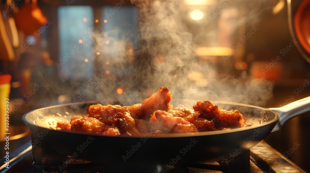 Savory Fried Chicken Cooking in a Pan with Delicious Golden Brown Crust Surrounded by Steaming Hot Vapor in a Cozy Kitchen Atmosphere Savory Fried Chicken Cooking in a Pan with Delicious Golden Brown Crust Surrounded by Steaming Hot Vapor in a Cozy Kitchen Atmosphere