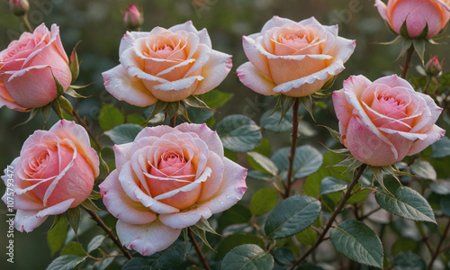 A close-up of several pink roses blooming in a garden