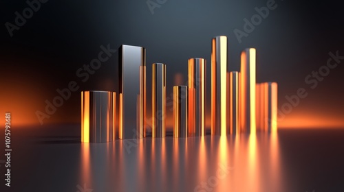 Abstract representation of modern data visualization with glowing vertical bars on a reflective surface, showcasing business analytics and growth concepts in gold and silver tones.