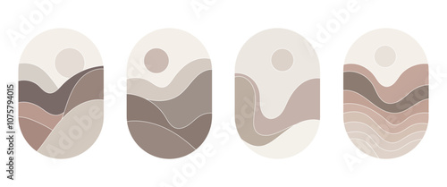 Vector illustration. Abstract composition with sloping mountains, sun in the sky and smooth color transitions. The landscape creates a sense of harmony.