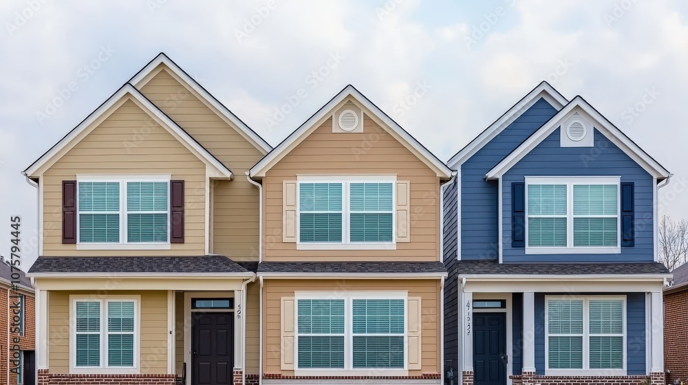 Suburban Homes Exterior Facade with Beige and Blue Siding Suburban Homes Exterior Facade with Beige and Blue Siding