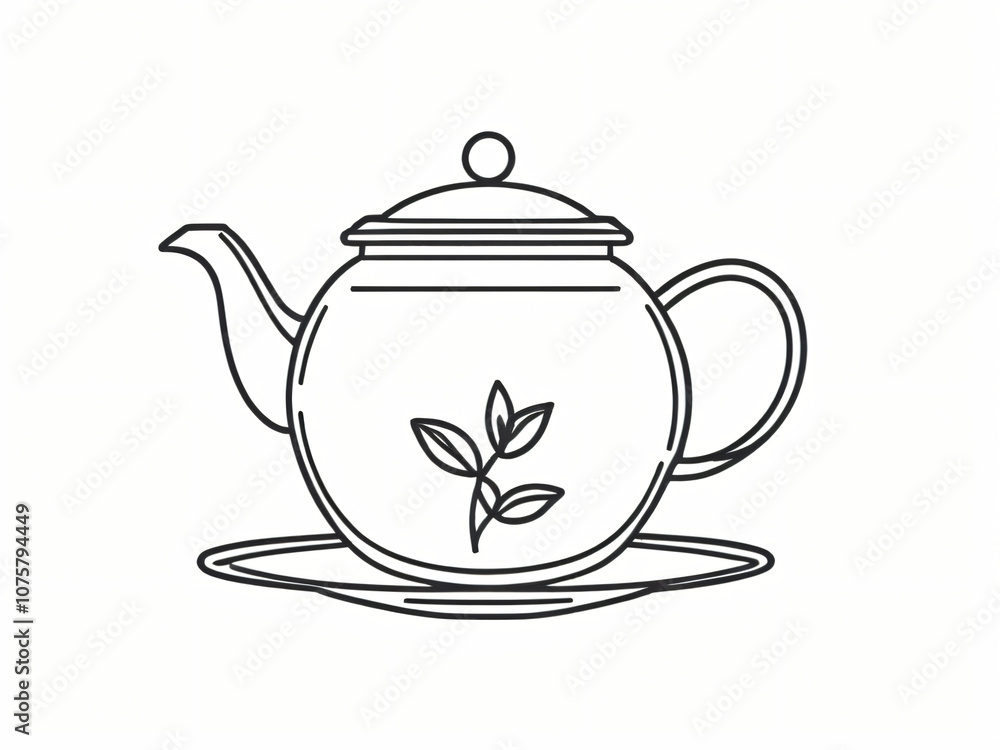 Minimalist line art illustration of a teapot with a leaf design