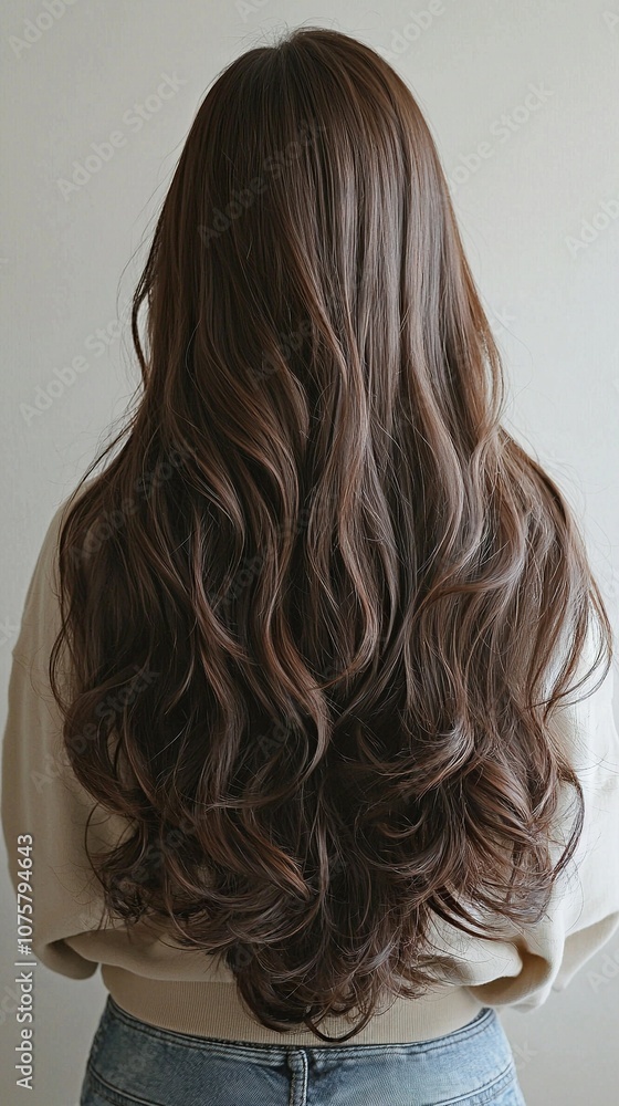 Fototapeta premium Woman with long, wavy brown hair in front of white wall