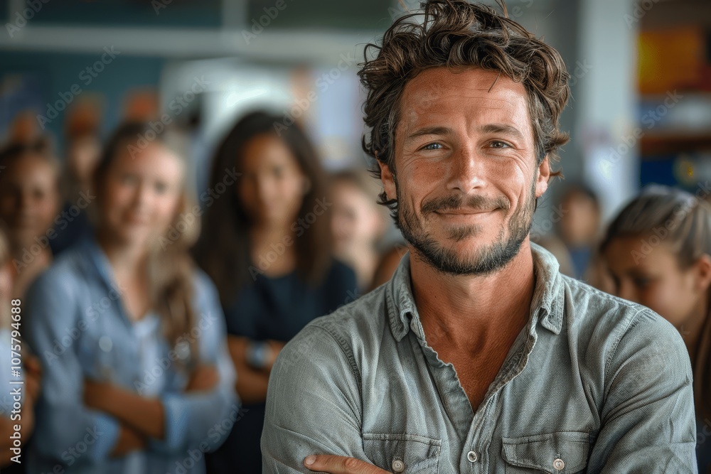 Smiling male teacher with crossed arms in front of elementary school students in classroom group portrait Smiling male teacher with crossed arms in front of elementary school students in classroom group portrait