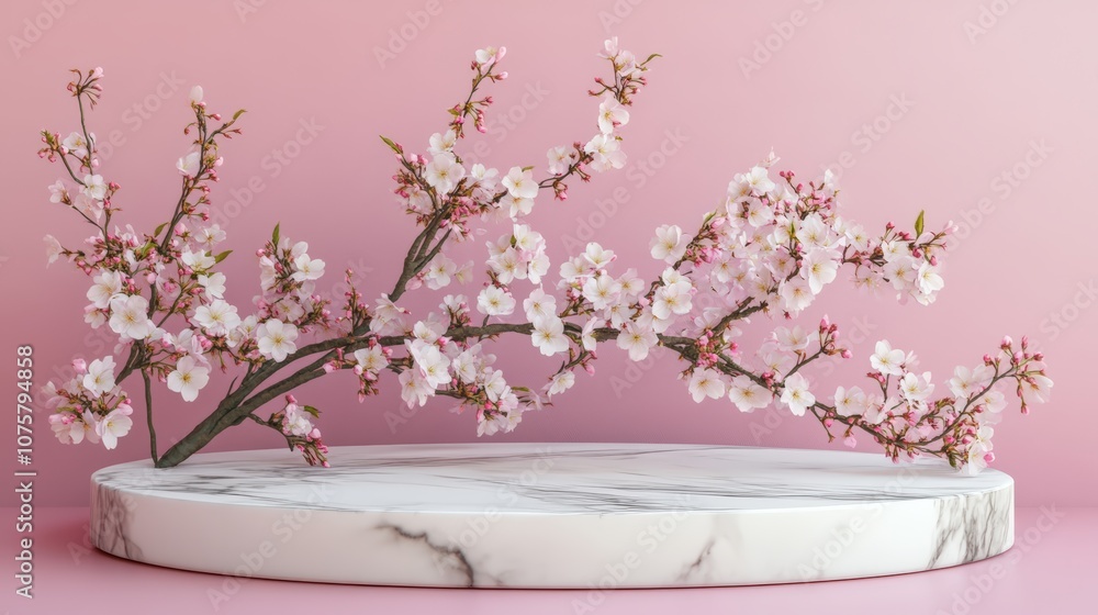 Elegant cherry blossom branch on marble platform against soft pink background. Elegant cherry blossom branch on marble platform against soft pink background.