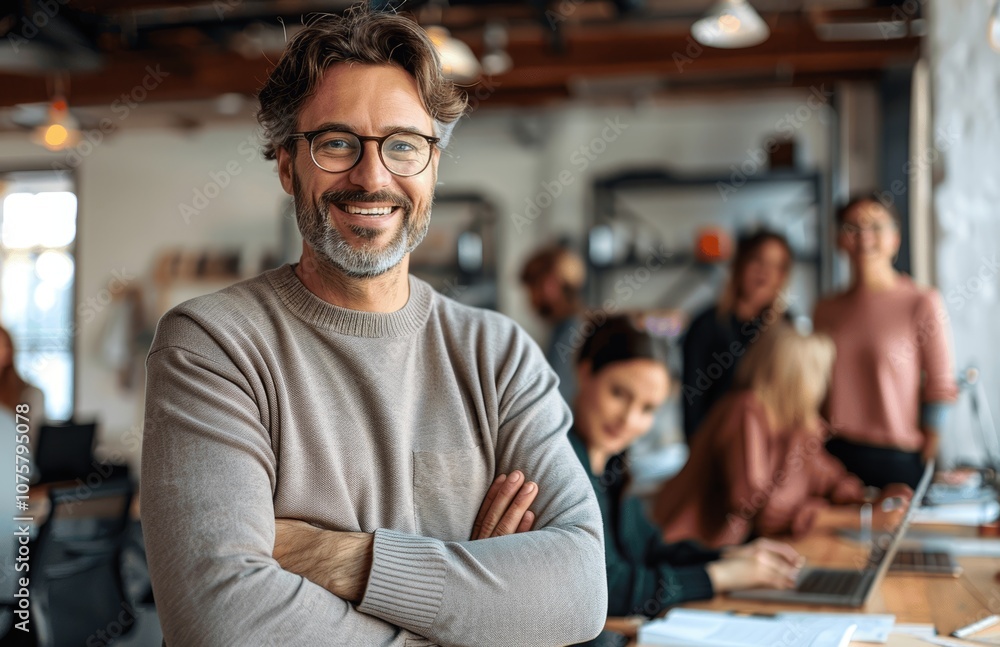 Smiling Businessman with Team in Office Meeting Smiling Businessman with Team in Office Meeting