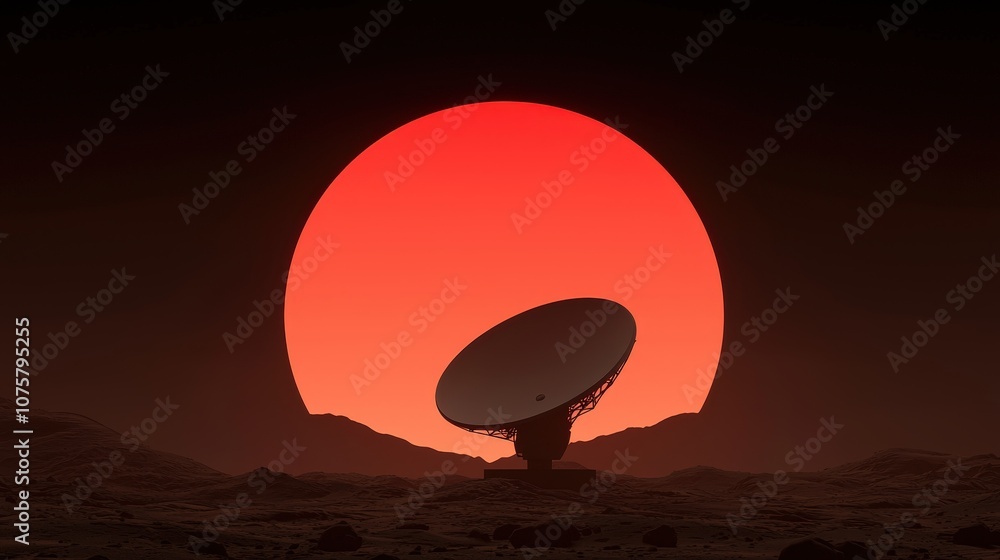 Satellite Dish Silhouette Against Red Sunset Sky Futuristic Communication Technology Con Satellite Dish Silhouette Against Red Sunset Sky Futuristic Communication Technology Con