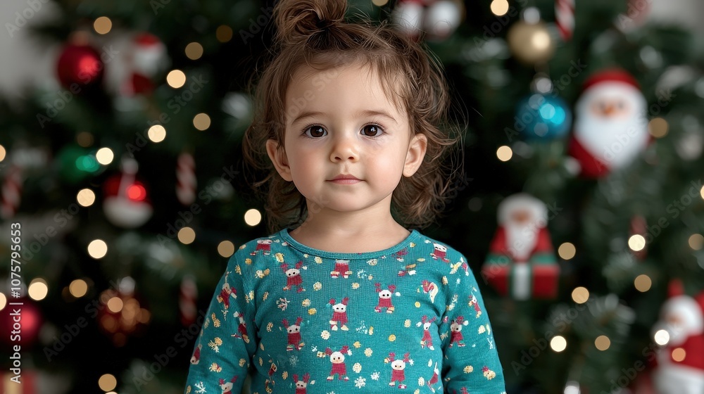 Adorable Little Girl in Christmas Pajamas with Festive Background Adorable Little Girl in Christmas Pajamas with Festive Background