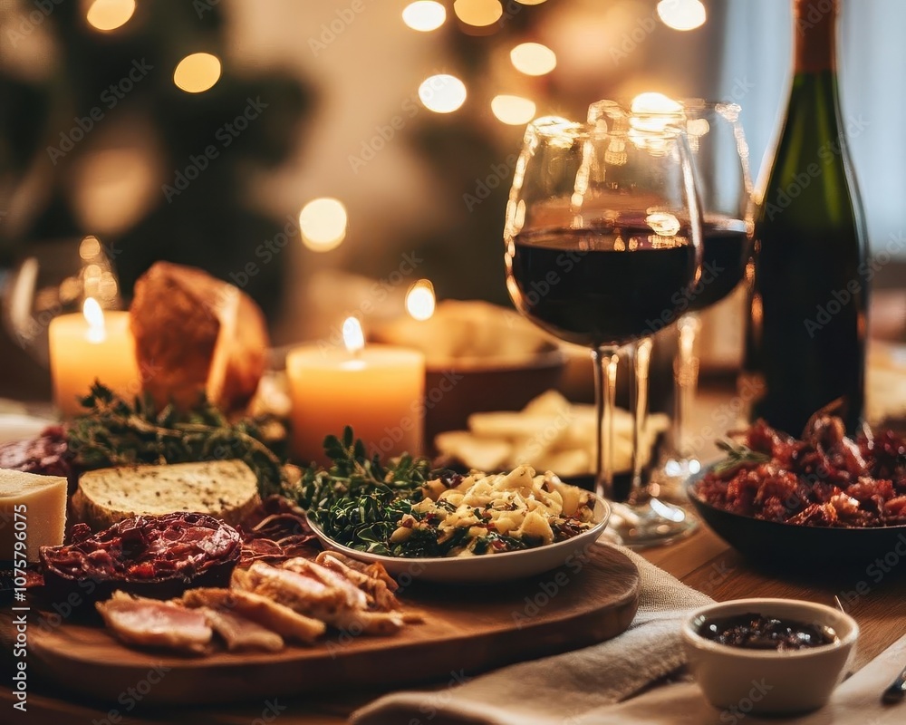 New Years Eve dinner with friends, vibrant table setup, cozy home, festive atmosphere New Years Eve dinner with friends, vibrant table setup, cozy home, festive atmosphere