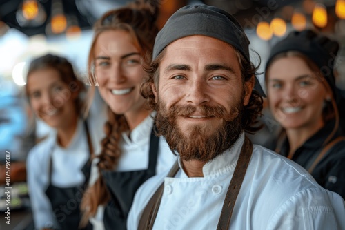 Fototapeta Naklejka Na Ścianę i Meble -  Chef and team posing in restaurant kitchen