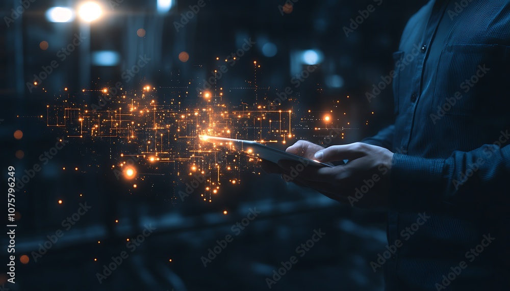 A person holds a device that emits glowing digital particles, illustrating technology and innovation in a dark, futuristic environment.