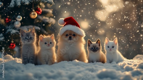 Festive Furry Friends Cats and Dog in Snowy Winter Wonderland