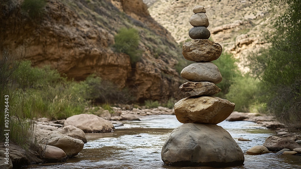 A carefully balanced rock tower stands tall in the middle of a flowing river with a canyon backdrop. A carefully balanced rock tower stands tall in the middle of a flowing river with a canyon backdrop.