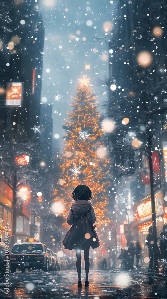 Young girl gazing at a shimmering Christmas tree amid falling snowflakes. Young girl gazing at a shimmering Christmas tree amid falling snowflakes.