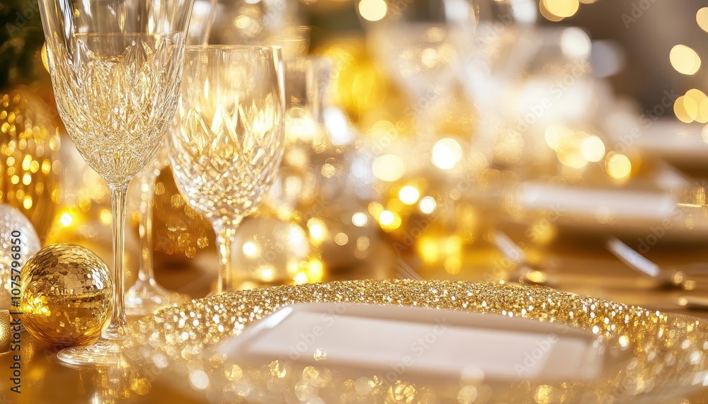New Years gold decorations with vibrant glow, soft lighting, elegant party setup New Years gold decorations with vibrant glow, soft lighting, elegant party setup
