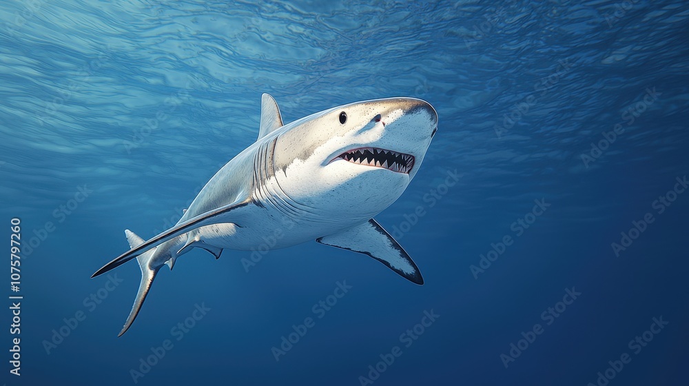 Fototapeta premium Great White Shark Swimming Underwater in Blue Ocean Marine Life Wildlife Predator Nat